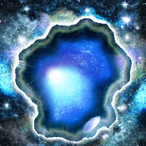 Prompt: Geode portal, Hubble photo background, volumetric lighting