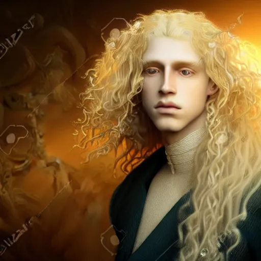 Image similar to Beautiful 3d render of the pale blond androgynous prince in a sensual pose, long curly golden blond hair, baroque curls, very very pale white skin, atmospheric lighting, painted, intricate, volumetric lighting, beautiful, rich deep colours masterpiece, golden hour, sharp focus, ultra detailed, in the style of Dan Mumford and Johfra Bosschart, with a crowded futuristic cyberpunk city in the background, astrophotgraphy