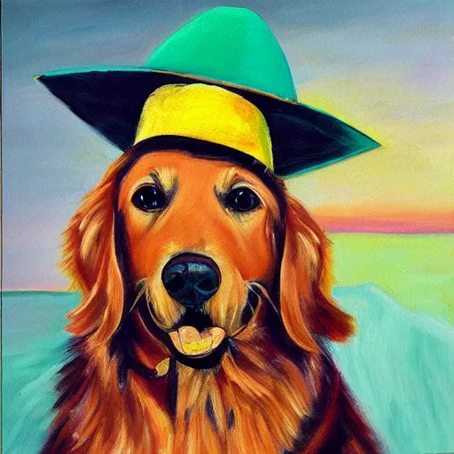 Prompt: oil painting portrait of a golden retriever wearing a sombrero