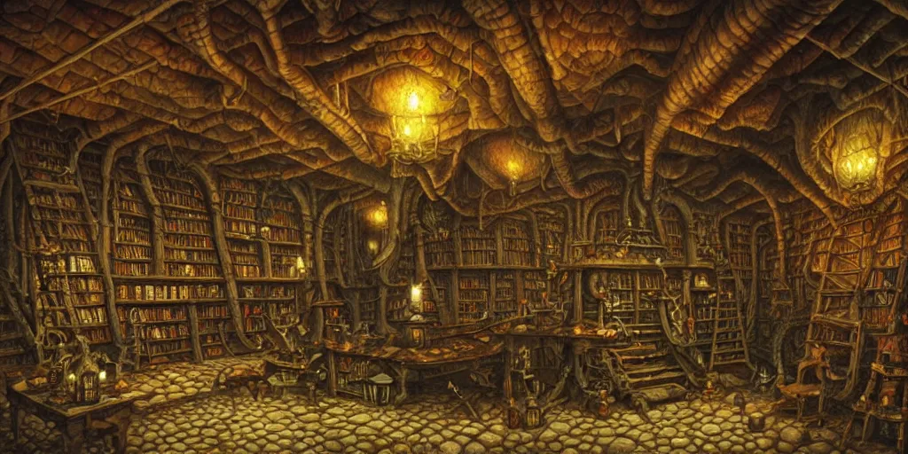 Prompt: dark sinister vampire lair interior by Jacek Yerka, library, adventure game, inspired by Diablo concept art