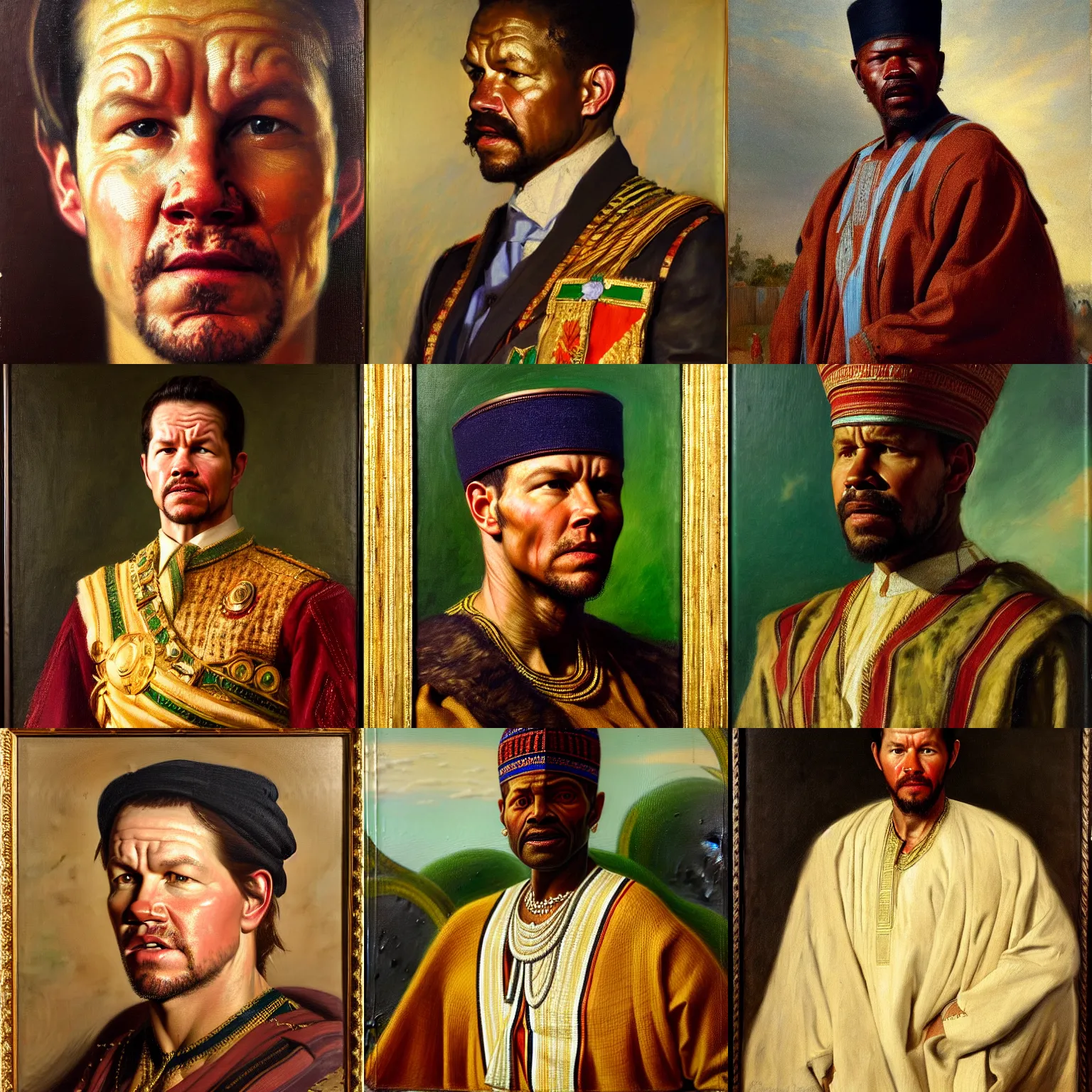 Prompt: facial portrait of mark wahlberg as king of nigeria, oil on canvas by william sydney mount, 1 8 9 9