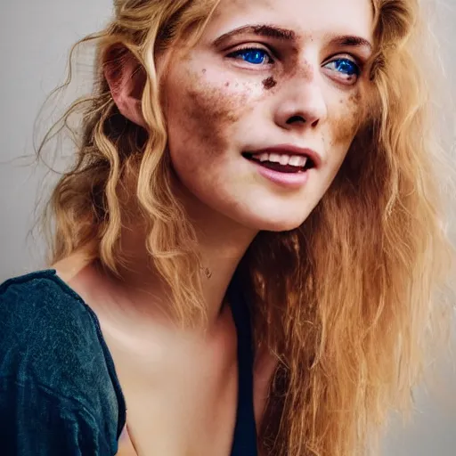 Image similar to Portrait of a Blonde Girl, Young Beautiful Face, Green Eyes, Freckles, Wearing a white crop-top and jeans, with a subtle smile, Detailed, 8K, Epic, Charming, Character, Octane Rendering, Hyper Realistic