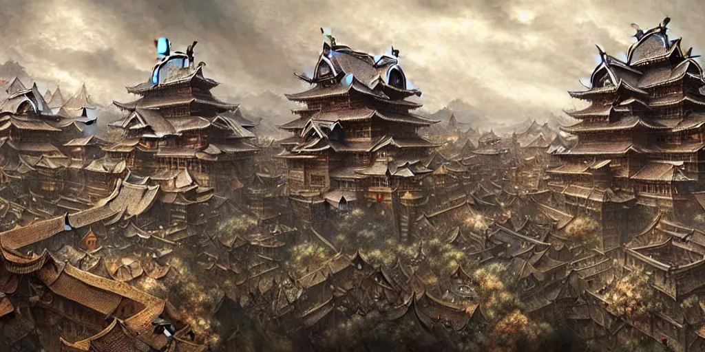 Image similar to a beautiful and insanely detailed matte painting of an advanced sprawling medieval civilization with surreal japanese architecture designed by akihiko yoshida!, whimsical!!, epic scale, intricate details, sense of awe, elite, fantasy realism, complex layered composition!!