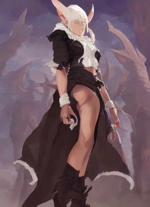 Image similar to concept art painting of a woman with brown skin and short white hair, demon horns, elf ears, full clothing, black clothes, blue robes, detailed, cel shaded, in the style of ruan jia and artgerm and makoto shinkai and james gurney