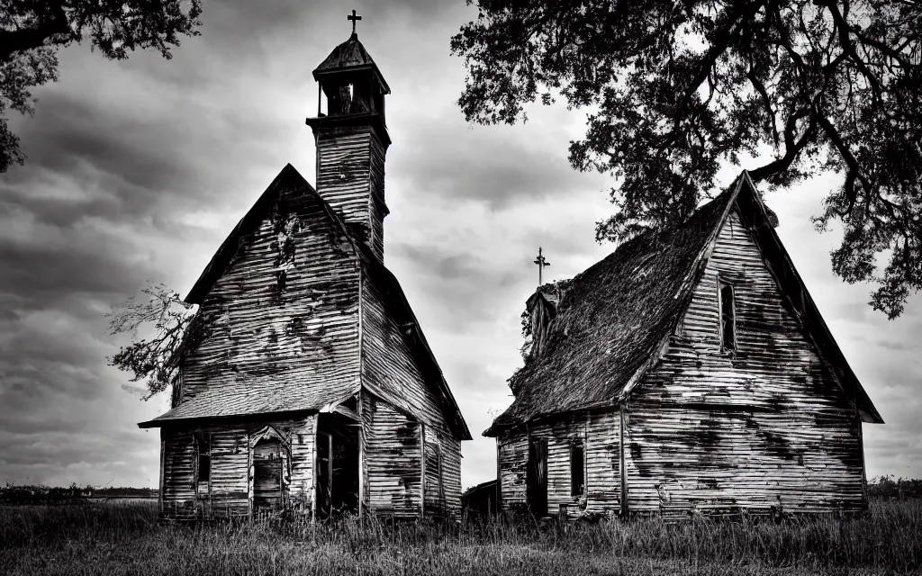 Image similar to an old wooden church rotting away in the bayou, realistic, old photograph, dynamic composition, creepy