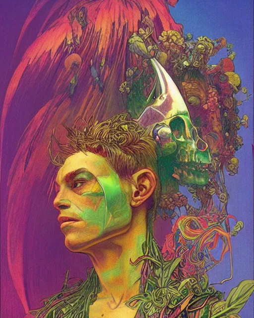 Image similar to rainbow flowerpunk portrait of a skateboarding tattooed green god by paul lehr, beksinski, alphonse mucha, jesper ejsing