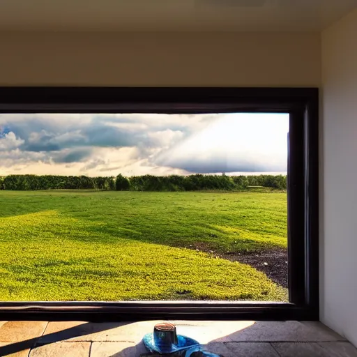 Image similar to a cinematic landscape view looking out a window into an open field, wind blows the leaves, and the sun shines through the parted clouds, a small flow of water runs through the backyard