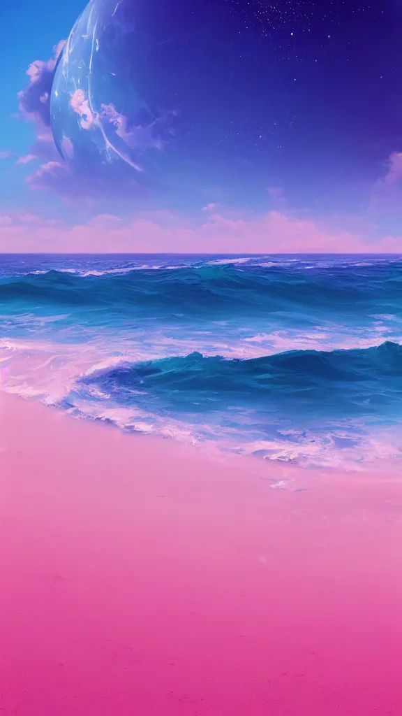 Prompt: beautiful beach horizon view of the ocean on an alien planet, vaporwave ocean, planet in space over the horizon, trending on artstation, digital art by beeple