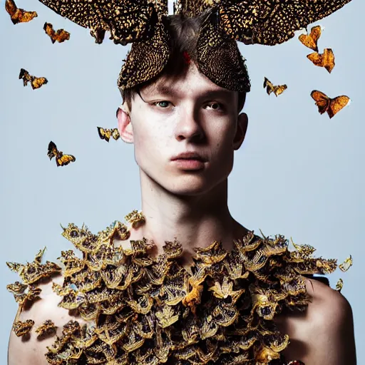 Prompt: a portrait of a beautiful young male wearing an alexander mcqueen armor made of butterflies , photographed by andrew thomas huang, artistic