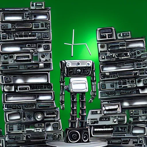 Prompt: marvin white smoth round modern robot with triangular green eyes standing on a pile of old computers with a pen in its hand sci - fi photorealistic