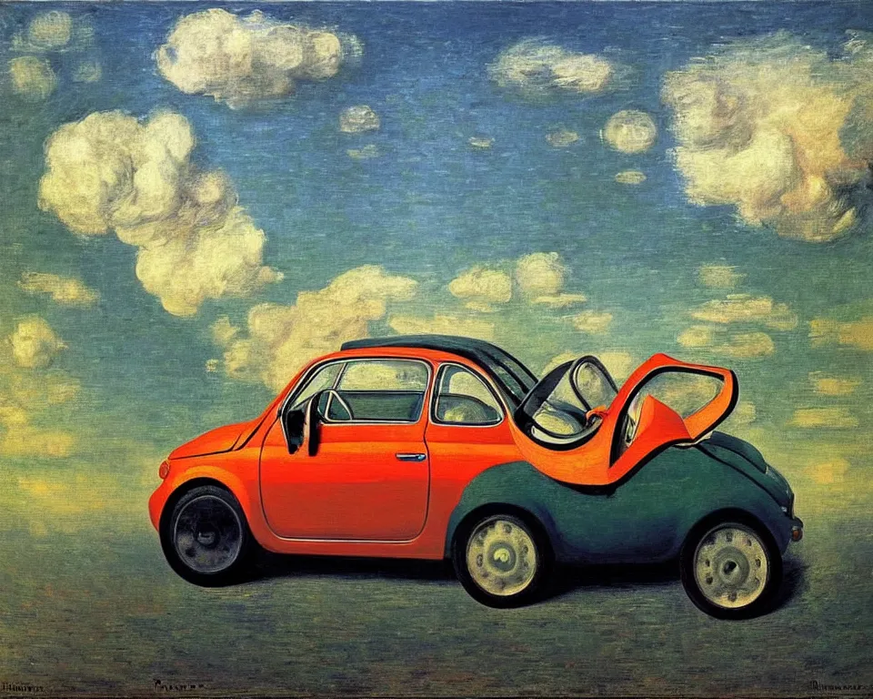 Prompt: achingly beautiful painting of a fiat 5 0 0 abarth by rene magritte, monet, and turner. whimsical.