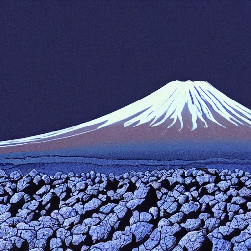 Prompt: mount fuji erupting blue lava, photo from distance, photorealistic