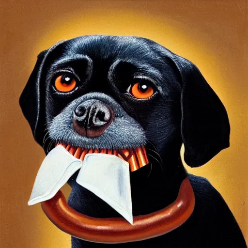 Prompt: portrait of a black pugalier with a string of sausages in his mouth, painting, surrealism, extreme detail