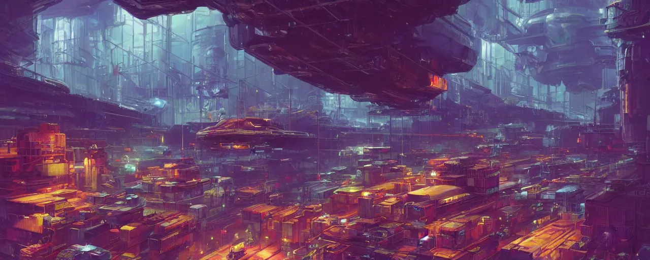 Prompt: ” futuristic scifi warehouse filled with containers, [ art by paul lehr, cinematic, detailed, epic, widescreen, opening, establishing, mattepainting, photorealistic, realistic textures, octane render ] ”
