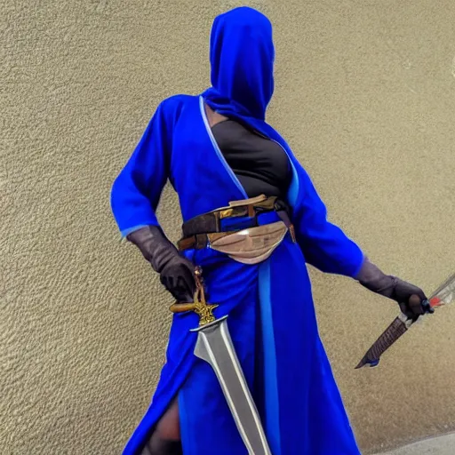 Prompt: photo of a female assassin with lapis lazuli robes and daggers
