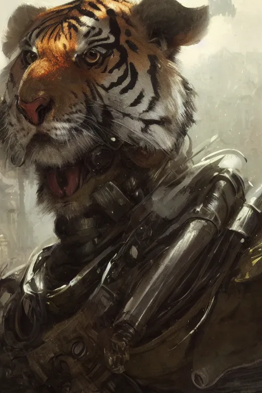 Image similar to portrait male anthro tiger dressed in military clothes character full body precis no blur, concept art, character sheet, nier automata, gaston bussiere, greg rutkowski, tsutomu nihei, cyberpunk, trending on artstation, featured on pixiv, hyper detail, cinematic composition, 8 k, detailed face