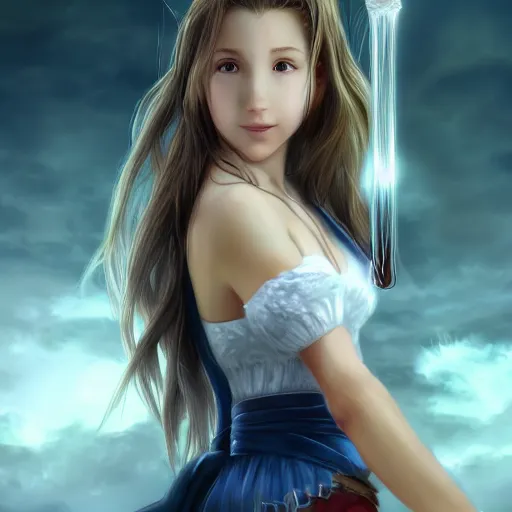 Prompt: portrait of aerith from final fantasy vii smiling, matte painting, ultra realistic, highly detailed, sharp focus, cinematic lighting, mood lighting, realistic, vivid colors, painting, photorealistic, digital art, non blurry, sharp, smooth, illustration