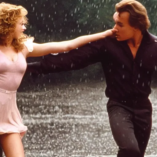 Prompt: dirty dancing poster with closeup portrait of young arnold schwarzenegger dancing with jennifer lawrence in the rain, 5 0 mm cinema shot, beautiful light, best lense, 9 0 s romantic movie, 4 k