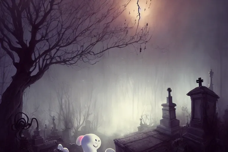 Image similar to casper the friendly ghost flying over a graveyard at midnight, many other ghosts living in a haunted tree, haunted house in the background, cinestill, painted by james jean and gaston bussiere, very detailed and cute and cozy and transparent, backlight, fog, mist, trending on artstation