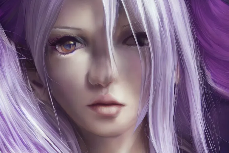 Prompt: A girl who's hair is light-silvery with a tint of purple, waist-length. orchid purple eyes. Elf ears Her skin is Ivory White pixiv artist WLOP artstation artist Mam BA artstation real photo very detailed