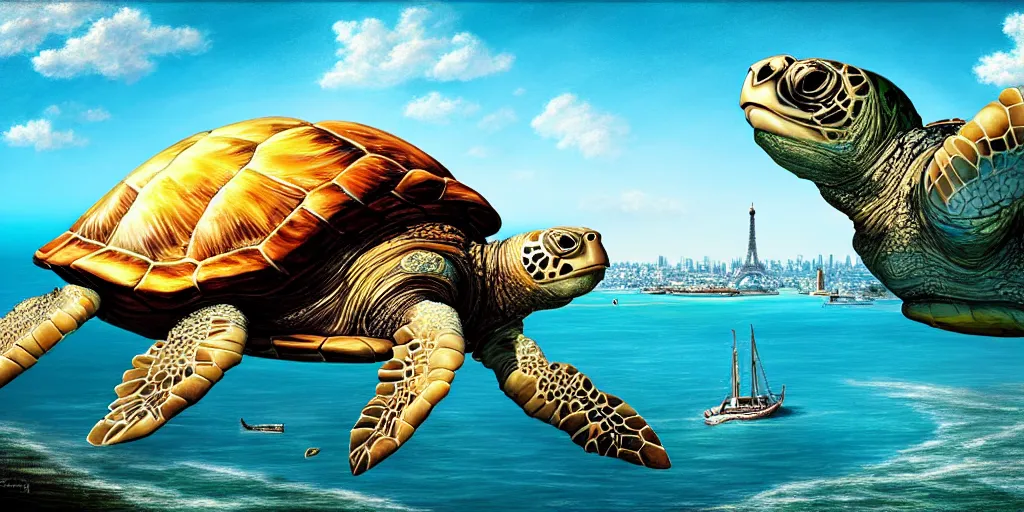 Image similar to master piece stunning digital painting of a parisian small city contained on the top of a giant sea turtle