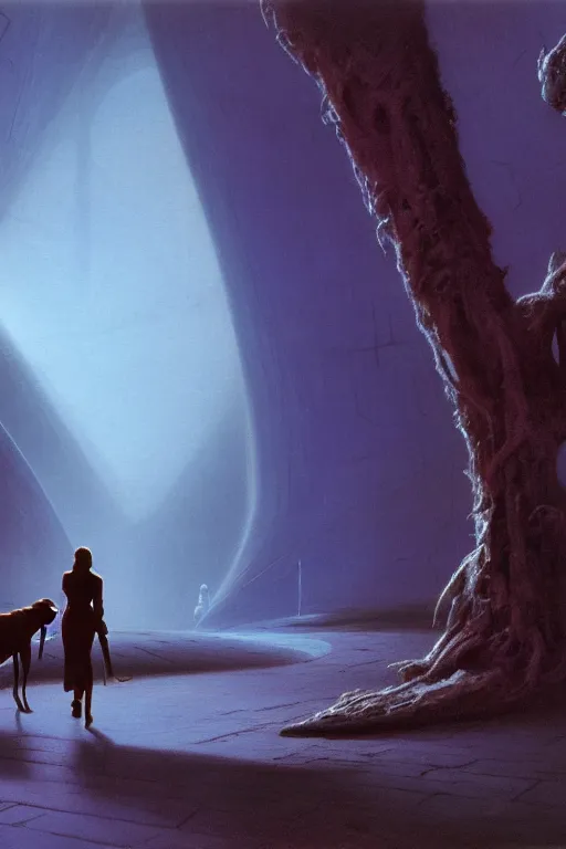 Prompt: emissary a woman walking her two dogs through a blue endor jungle ( designated : ix 3 2 4 4 - a ) in star wars to a magical building designed by zaha hadid, illustrated by arthur haas and bruce pennington and john schoenherr, cinematic matte painting, 8 k, dark color palate