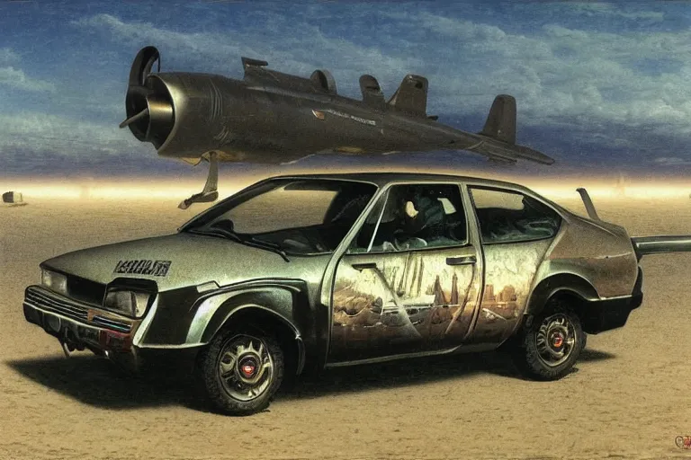 Prompt: toyota corolla with rocket engines breaking the sound barrier across salt flats sonic boom dieselpunk by caspar david friedrich and wayne barlowe and ted nasmith