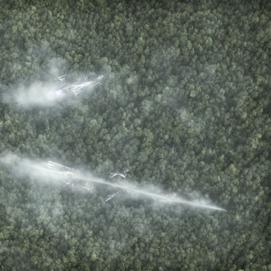 Prompt: wreckage of a large spaceship crashed in the middle of a German forest, aerial view, photorealistic, concept art, mist, atmospheric, NASA
