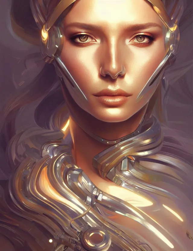 Image similar to futuristic woman portrait, sci-fi, amber eyes, face, long hair, fantasy, intricate, elegant, highly detailed, digital painting, artstation, concept art, smooth, sharp focus, illustration, art by artgerm and greg rutkowski and alphonse mucha