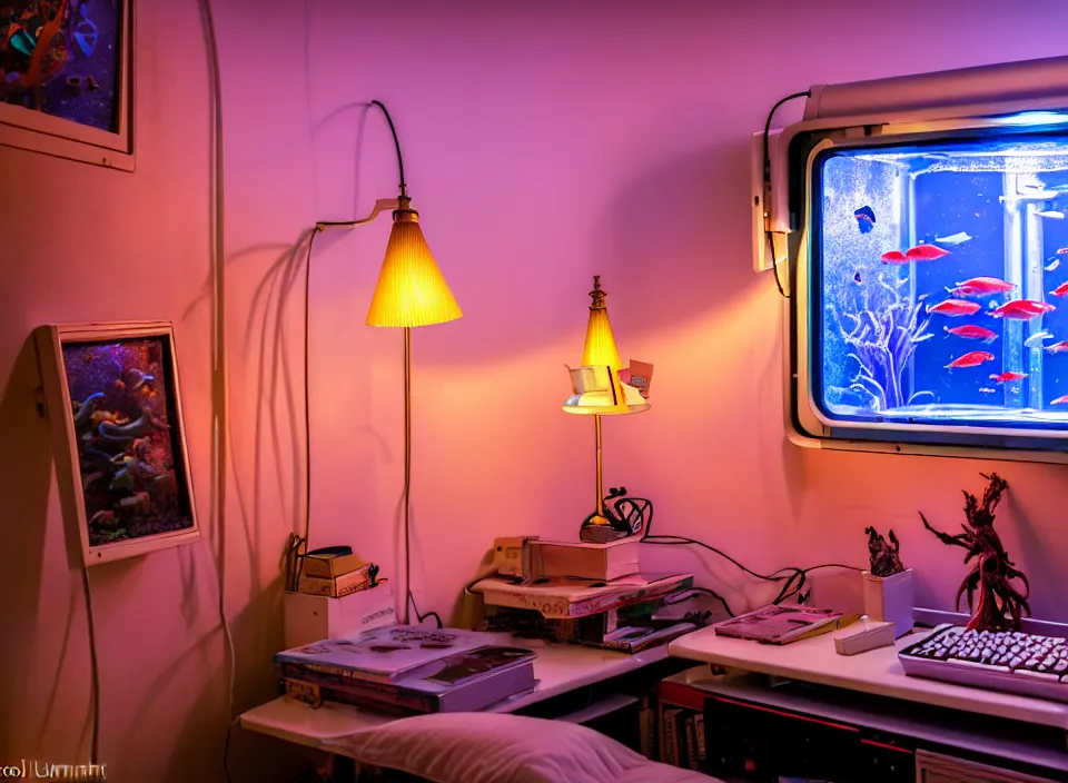 Image similar to telephoto 7 0 mm f / 2. 8 iso 2 0 0 photograph depicting the feeling of chrysalism in a cosy cluttered french sci - fi ( art nouveau ) cyberpunk apartment in a pastel dreamstate art cinema style. ( aquarium, computer screens, window ( city ), leds, lamp, ( ( ( aquarium bed ) ) ) ), ambient light.