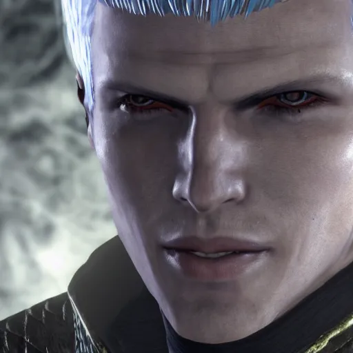 Prompt: Close-up screenshot of Vergil from Devil May Cry in Skyrim