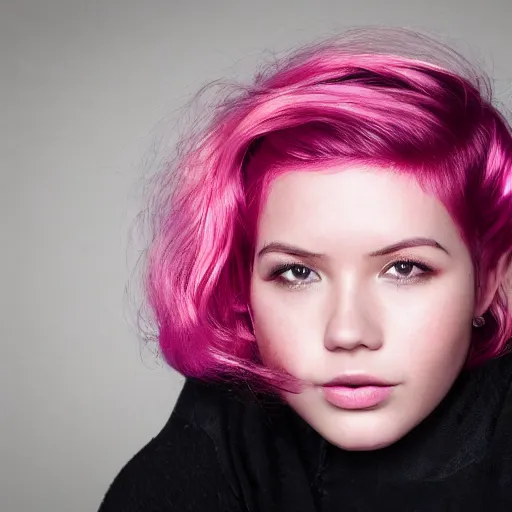 Prompt: a beautiful woman with pink hair and fair skin, portrait photograph, nikon 3 5 mm, photograph