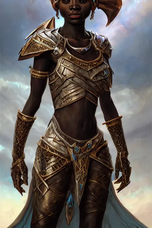 Image similar to african drow princess, wearing armour, highly detailed, d & d, fantasy, highly detailed, digital painting, trending on artstation, concept art, sharp focus, illustration, global illumination, ray tracing, realistic shaded, art by artgerm and greg rutkowski and thomas cole and wayne barlowe