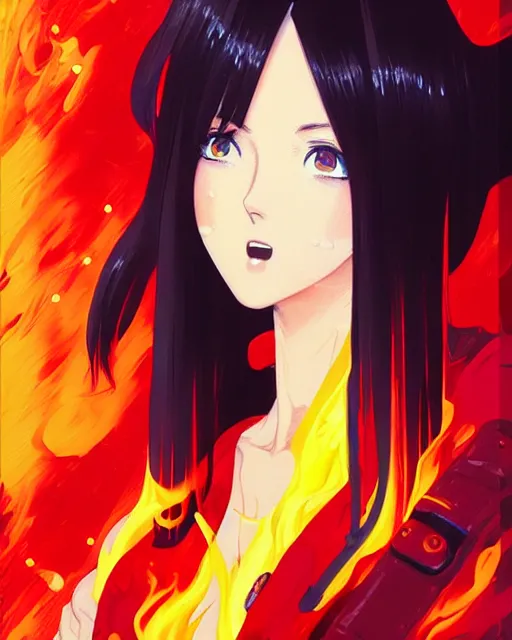 Prompt: beautiful female fireman, covered in flames | | very very anime!!!, fine - face, audrey plaza, realistic shaded perfect face, fine details. anime. realistic shaded lighting poster by ilya kuvshinov katsuhiro otomo ghost - in - the - shell, magali villeneuve, artgerm, jeremy lipkin and michael garmash and rob rey