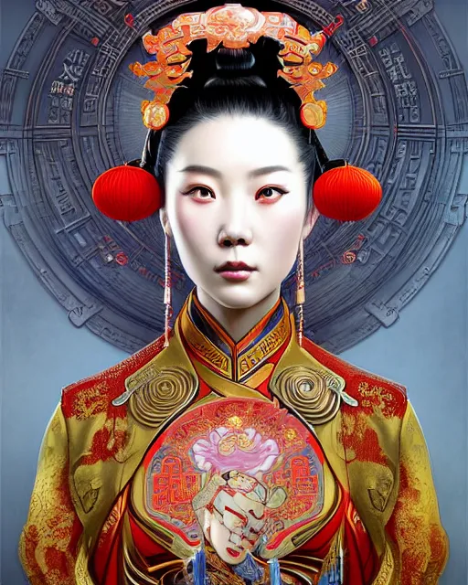 Image similar to portrait of a chinese cyberpunk machine, machine face, upper half portrait, decorated with chinese opera motifs, regal, asian, fine china, wuxia, traditional chinese art intricate intense elegant 京 剧 highly detailed digital painting artstation concept art smooth sharp focus illustration, art by artgerm and greg rutkowski alphonse mucha 8 k