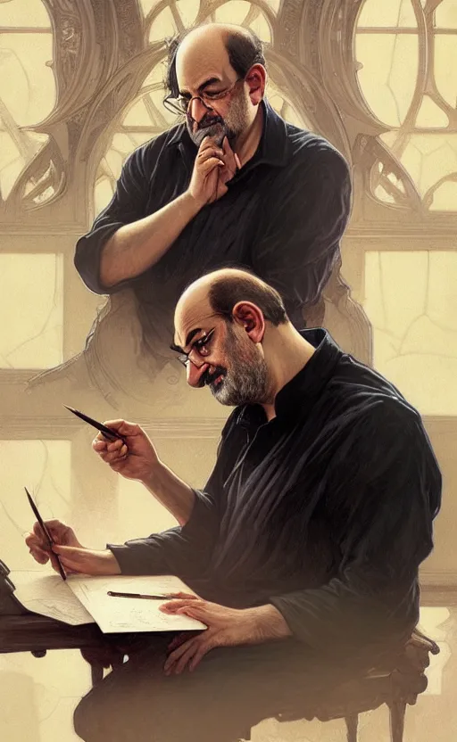 Image similar to portrait of salman rushdie writing, deep focus, d & d, fantasy, intricate, elegant, highly detailed, digital painting, artstation, concept art, matte, sharp focus, illustration, art by artgerm and greg rutkowski and alphonse mucha