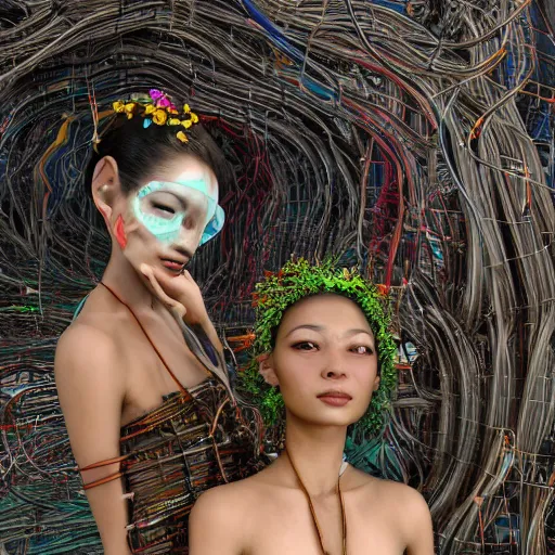 Image similar to deeper into the metaverse we go, piles of modular synth cables mixed with mangrove roots, two kawaii puerto rican goddesses reaching out wearing a headpiece made of circuit boards, by cameron gray, wlop, stanley kubrick, masamune, hideki anno, jamie hewlett, unique perspective, trending on artstation, 3 d render, vivid