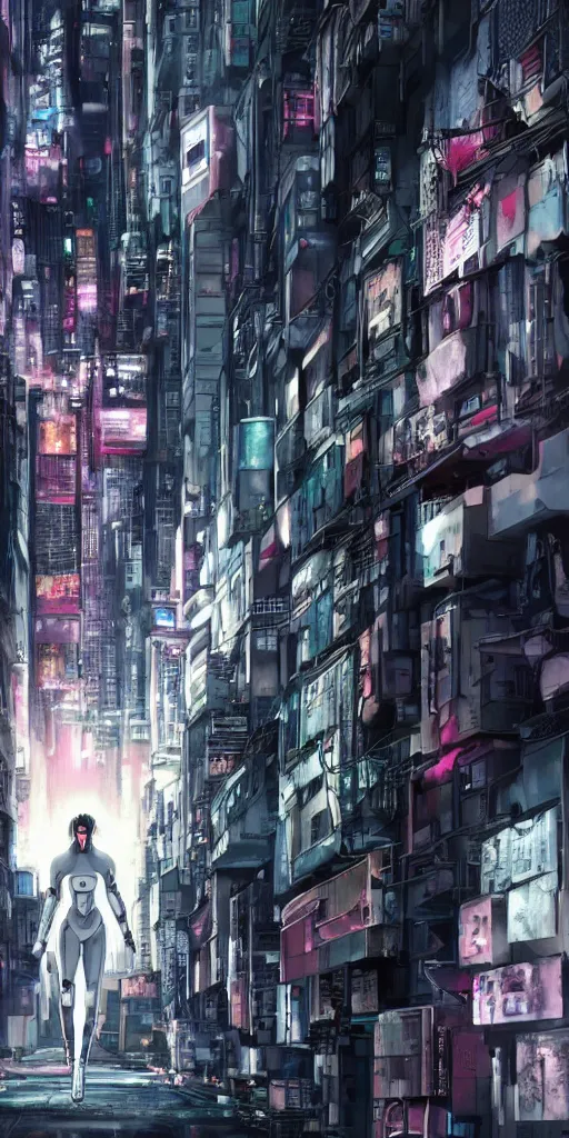 Prompt: ghost in the shell. cyborg running down the narrow street. cyberpunk city.