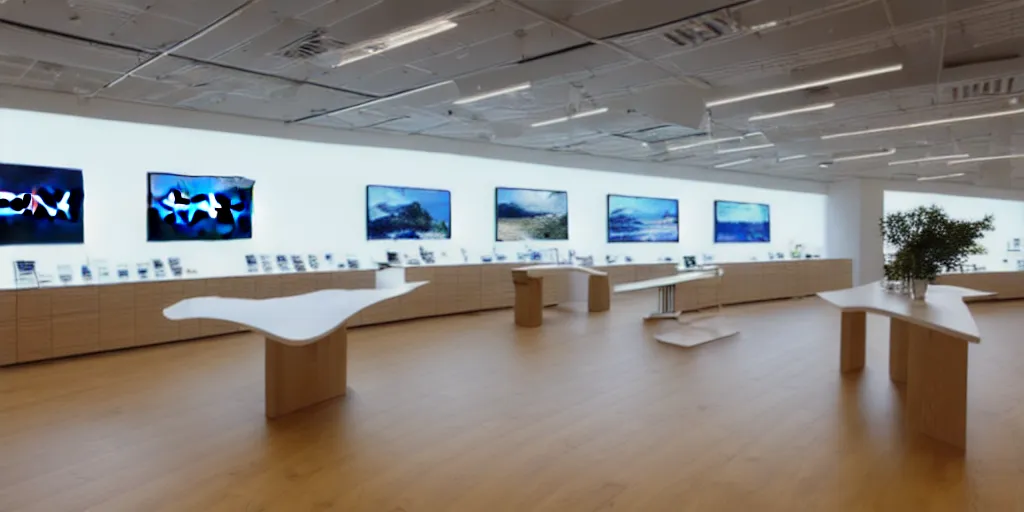 Image similar to wide angle photograph, atmospheric, realistic lighting, light bloom sunlight, nature outside, reflections, small samsung store. white walls. timber floor. display tables with phones and tablets. low ceilings with downlights and spots. curved white furniture with large digital screens. a few plants in the background