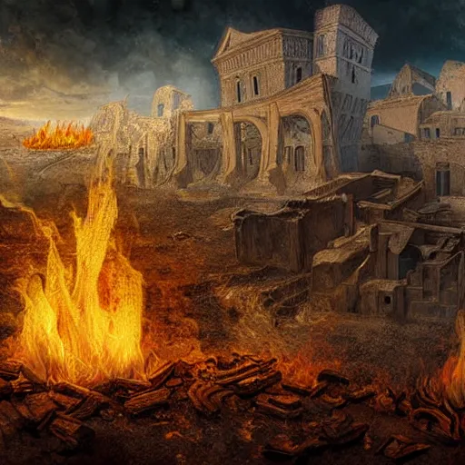 Image similar to digital art of fire and hail destroy a 4000BC middle eastern town, frightening, terrifying, divine, golden ratio, f32, well composed, cohesive