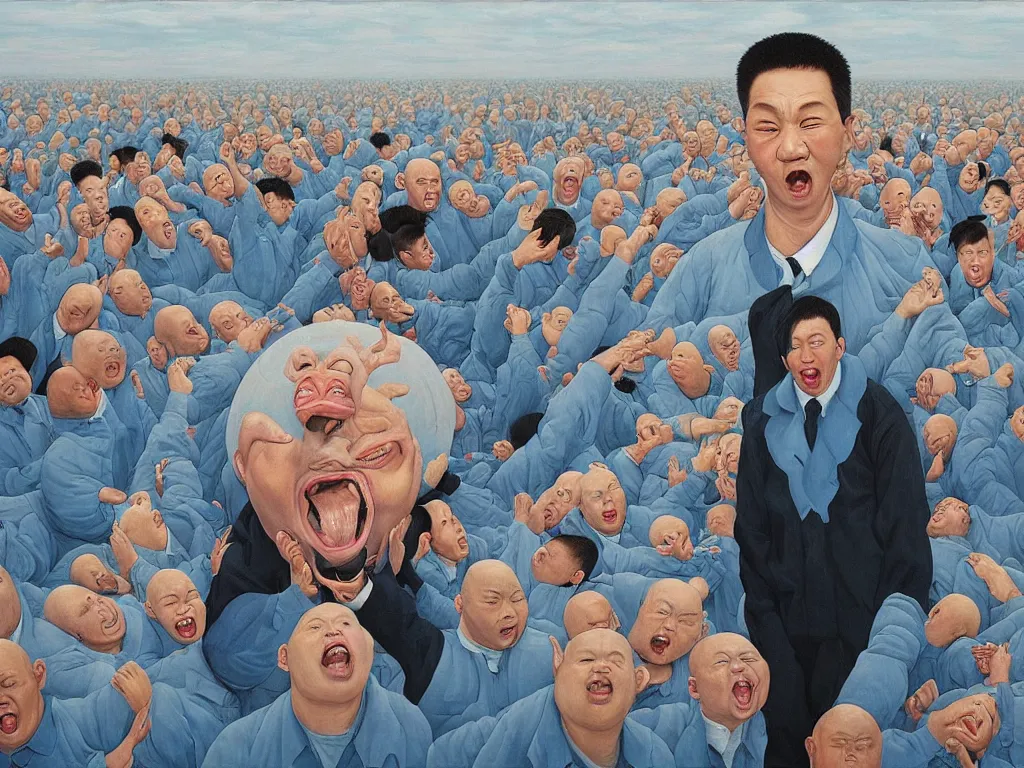 Prompt: ‘The Center of the World’ (Fang Lijun Cynical Realist painting, big gaping yawn, bald heads, black leather jackets, blue sky) was filmed in Beijing in April 2013 depicting a white collar office worker. A man in his early thirties – the first single-child-generation in China. Representing a new image of an idealized urban successful booming China.
