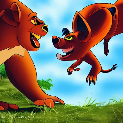 Prompt: a fight between Timon and Pumba, digital art, epic
