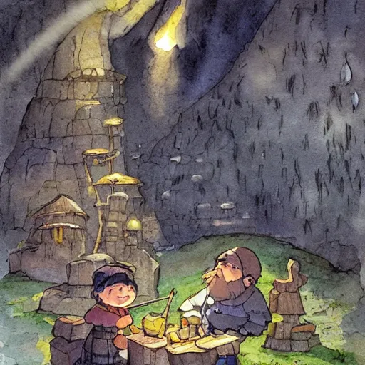 Prompt: dwarf mining for gold in a sparkling dark cave, from ghibli studio, watercolor illustration for book