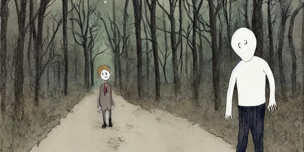 Prompt: a mysterious ghost boy on a vacant road in the remote woods, scary, horror vibe in the style of Barry Blitt