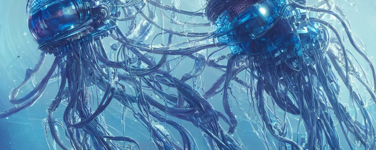 Prompt: a hyper detailed painting of a cyberpunk jellyfish, cables everywhere, blue tones, underwater, highly detailed, digital painting, artstation, concept art, smooth, sharp focus, illustration, art by artgerm and greg rutkowski and alphonse mucha