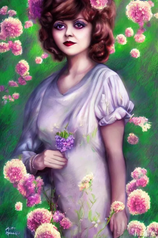 Prompt: a beautiful portrait of Clara Bow with flowers pastel colors, in a scenic environment by Artgerm, detailed,