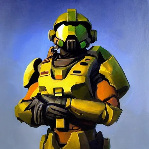 Image similar to greg manchess portrait painting of master chief as overwatch character, medium shot, asymmetrical, profile picture, organic painting, sunny day, matte painting, bold shapes, hard edges, street art, trending on artstation, by huang guangjian and gil elvgren and sachin teng