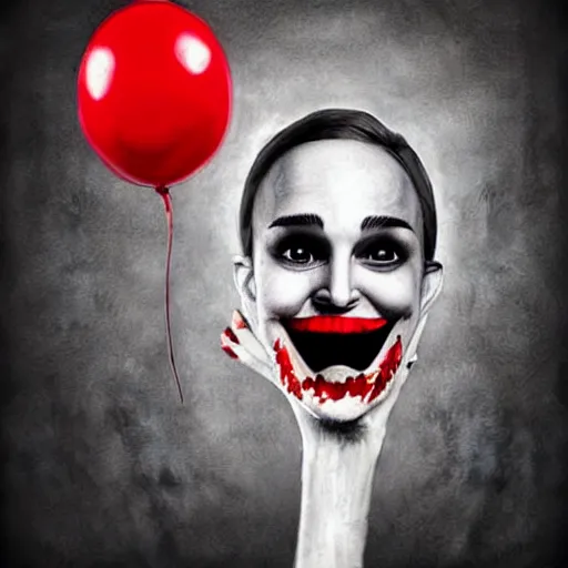 Prompt: surrealism grunge cartoon portrait sketch of natalie portman with a wide smile and a red balloon by - michael karcz, loony toons style, freddy krueger style, horror theme, detailed, elegant, intricate