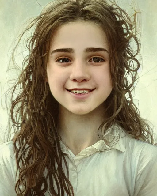 Image similar to close up portrait of 1 5 - year - old girl, smile with large front teeth, hermione granger, very bushy brown hair, and very bright brown eyes, wearing white shirt, hyper realistic face, beautiful eyes, close up, fantasy art, in the style of greg rutkowski, intricate, alphonse mucha, hyper detailed, smooth