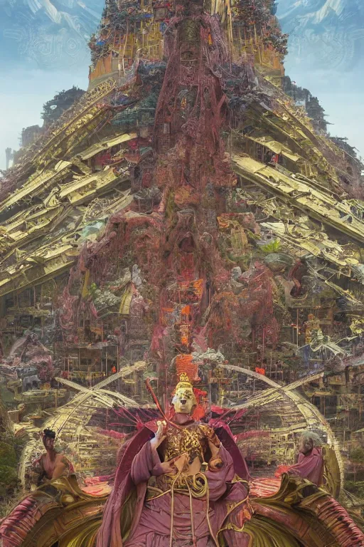 Image similar to a epic sakyamuni, the founder of buddhism in cyberpunk style temple, struggling in a ruined city full of organic fractal mycelum and fung, super complex and instruct, epic stunning atmosphere, hi - tech synthetic rna bioweapon nanotech, art by anthony macbain + greg rutkowski + alphonse mucha, concept art, 4 k, sharp focus